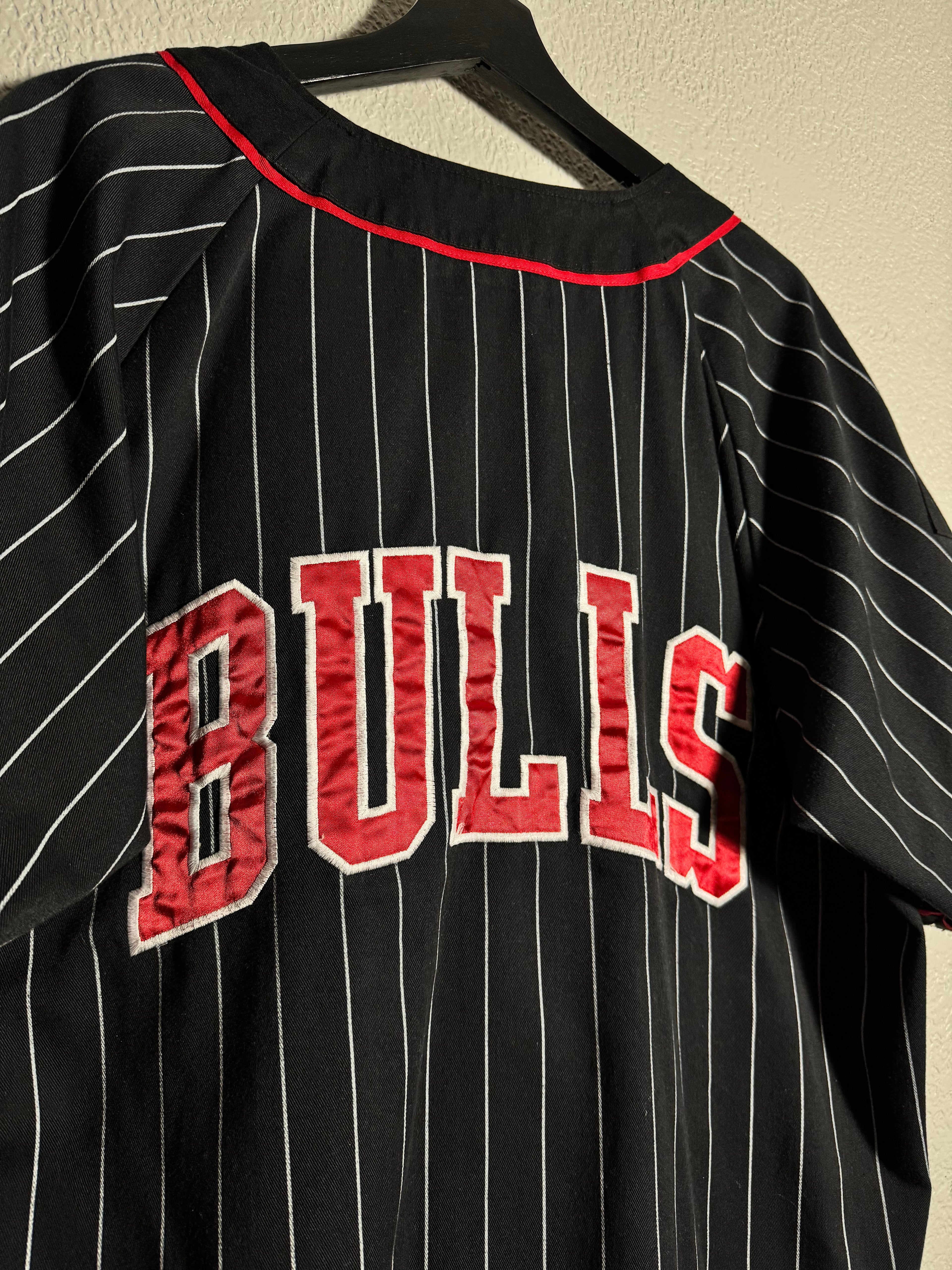 Vtg 90s NBA Starter Chicago Bulls Pin Stripe Button Up Jersey