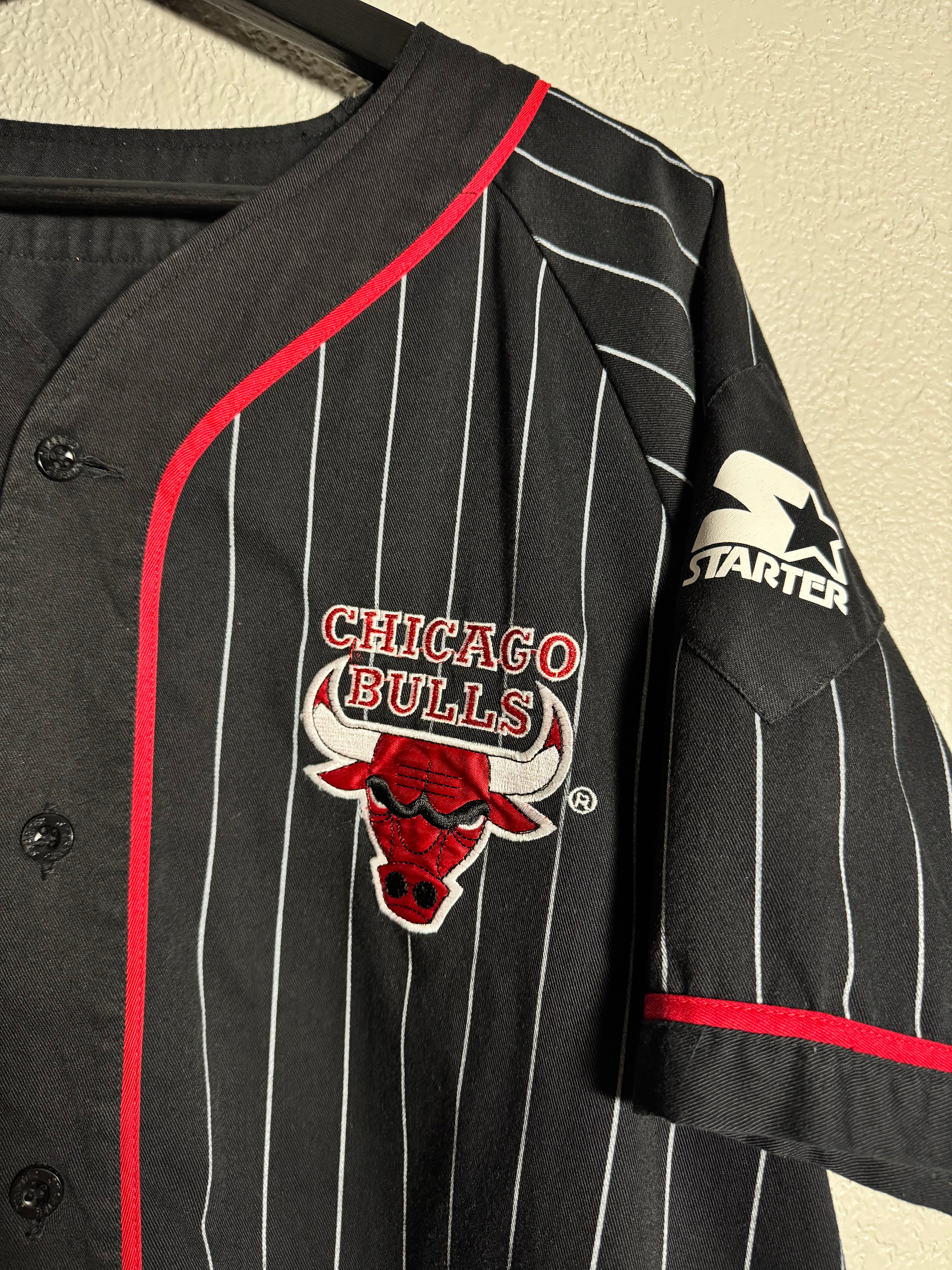 Vtg 90s NBA Starter Chicago Bulls Pin Stripe Button Up Jersey