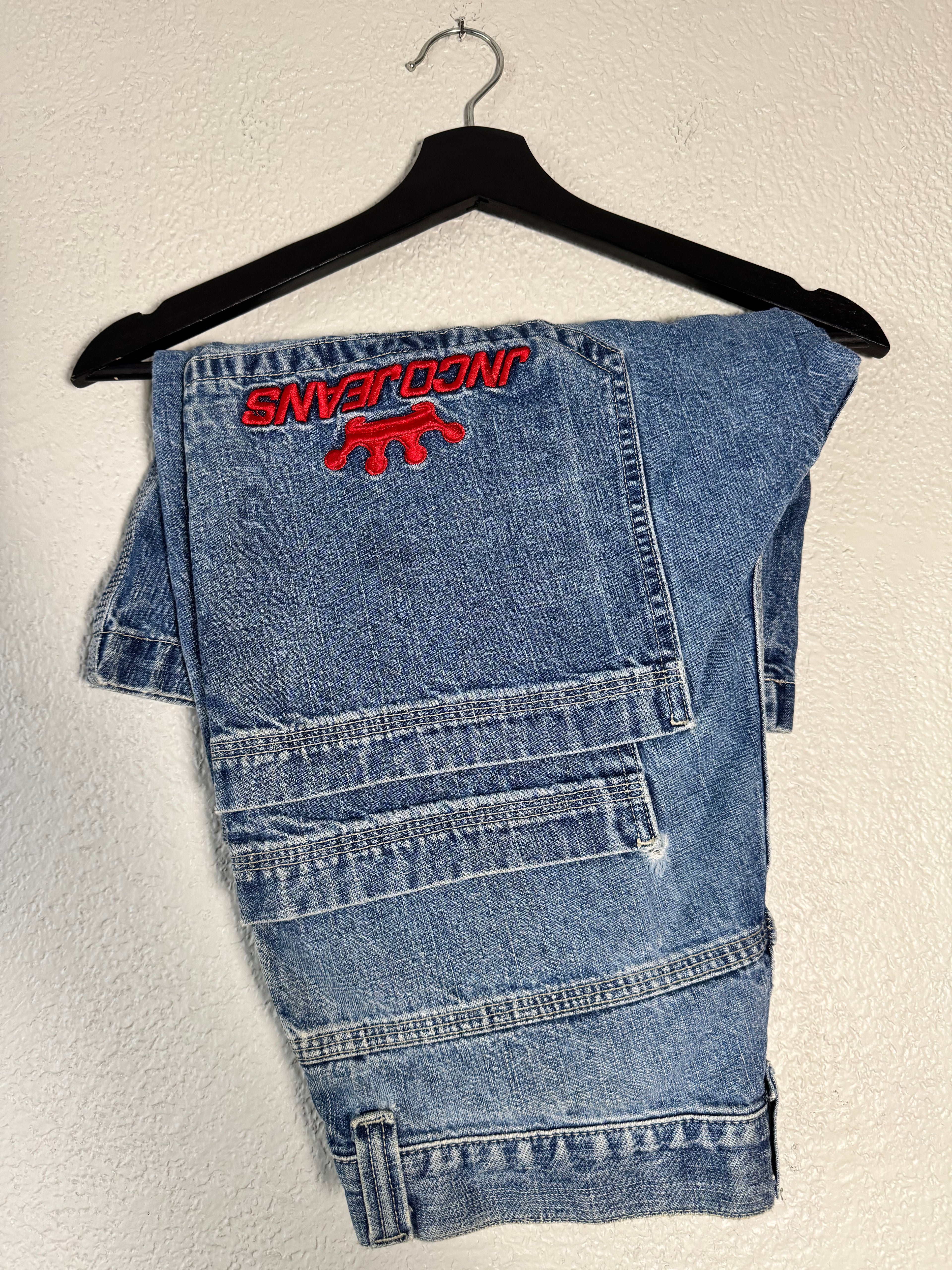 Vintage JNCO Jeans Shorts Blue Denim Y2K 90s Wide Baggy Double Pocket Size 32