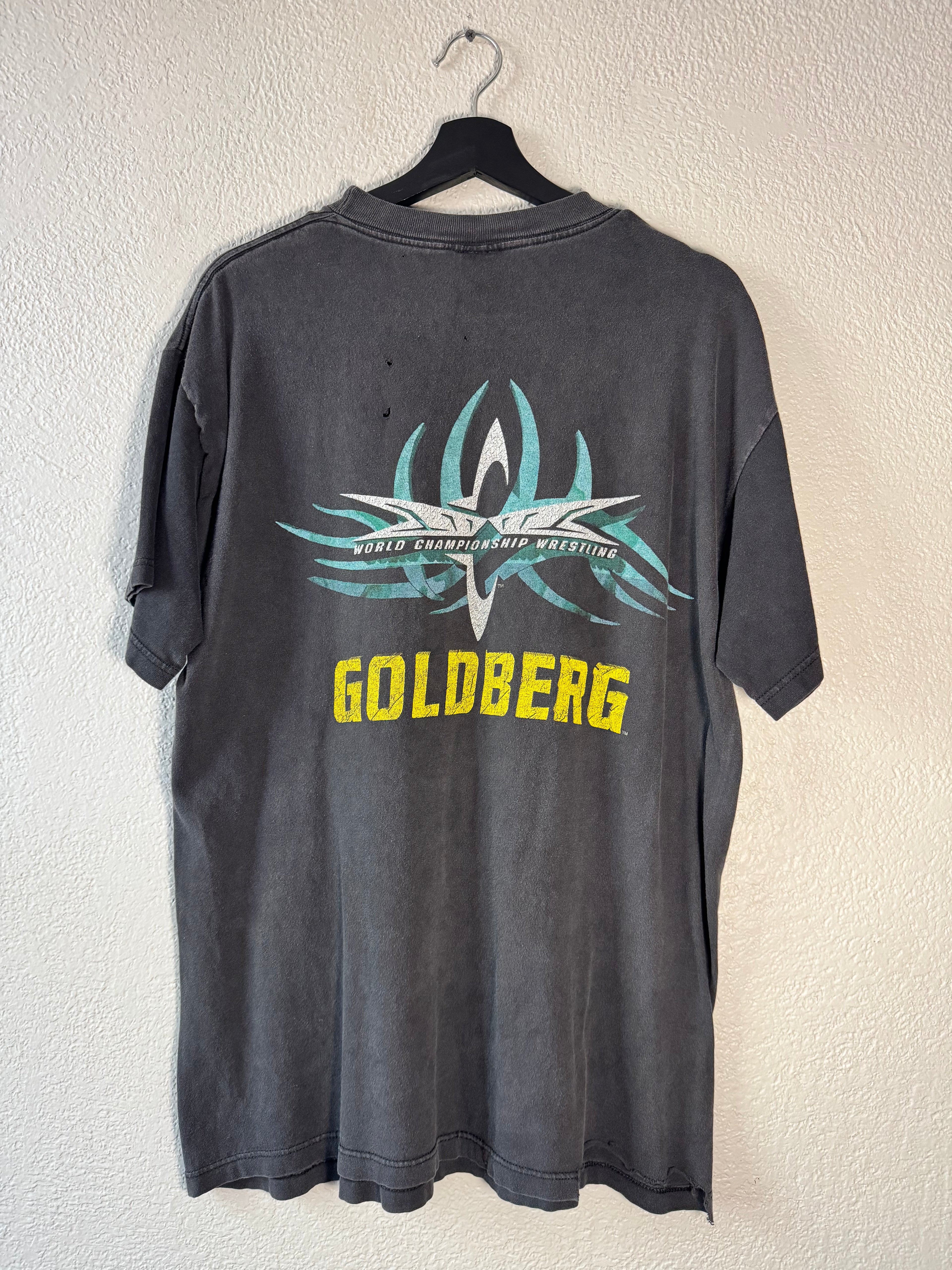 Goldberg 1999 WCW Black Distressed Vintage 90s Wrestling Double Sided Size Large