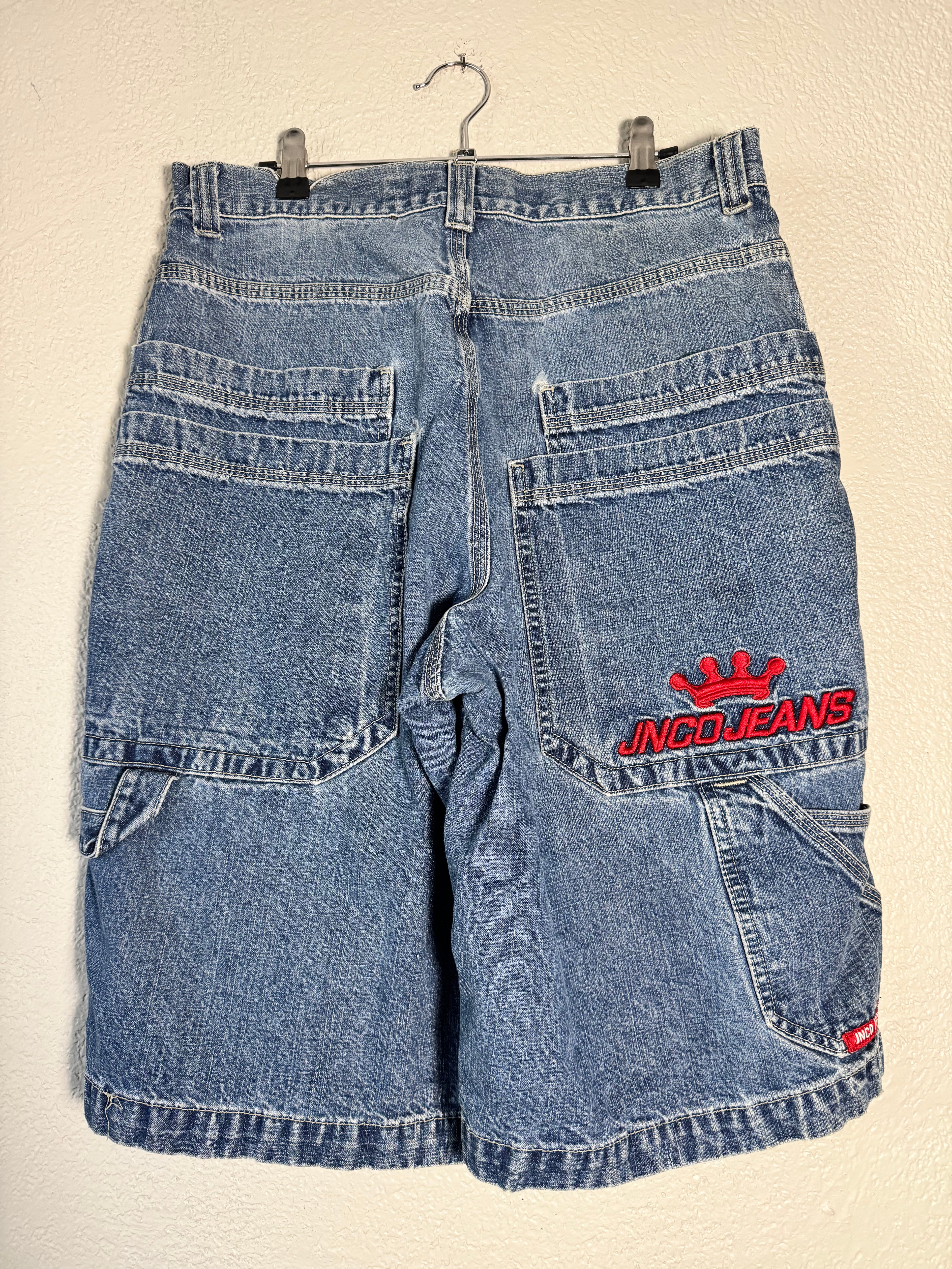 Vintage JNCO Jeans Shorts Blue Denim Y2K 90s Wide Baggy Double Pocket Size 32