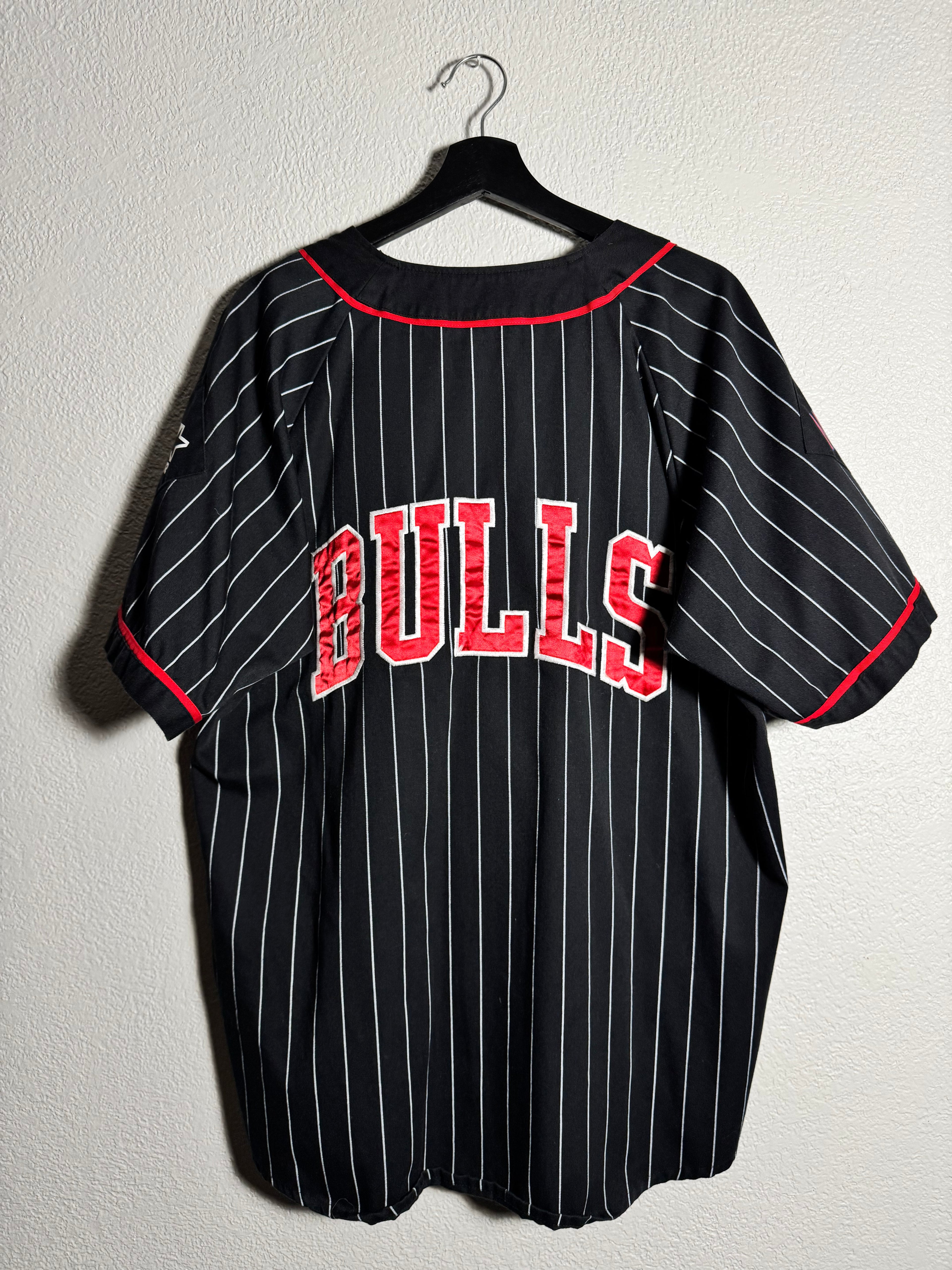 Vtg 90s NBA Starter Chicago Bulls Pin Stripe Button Up Jersey