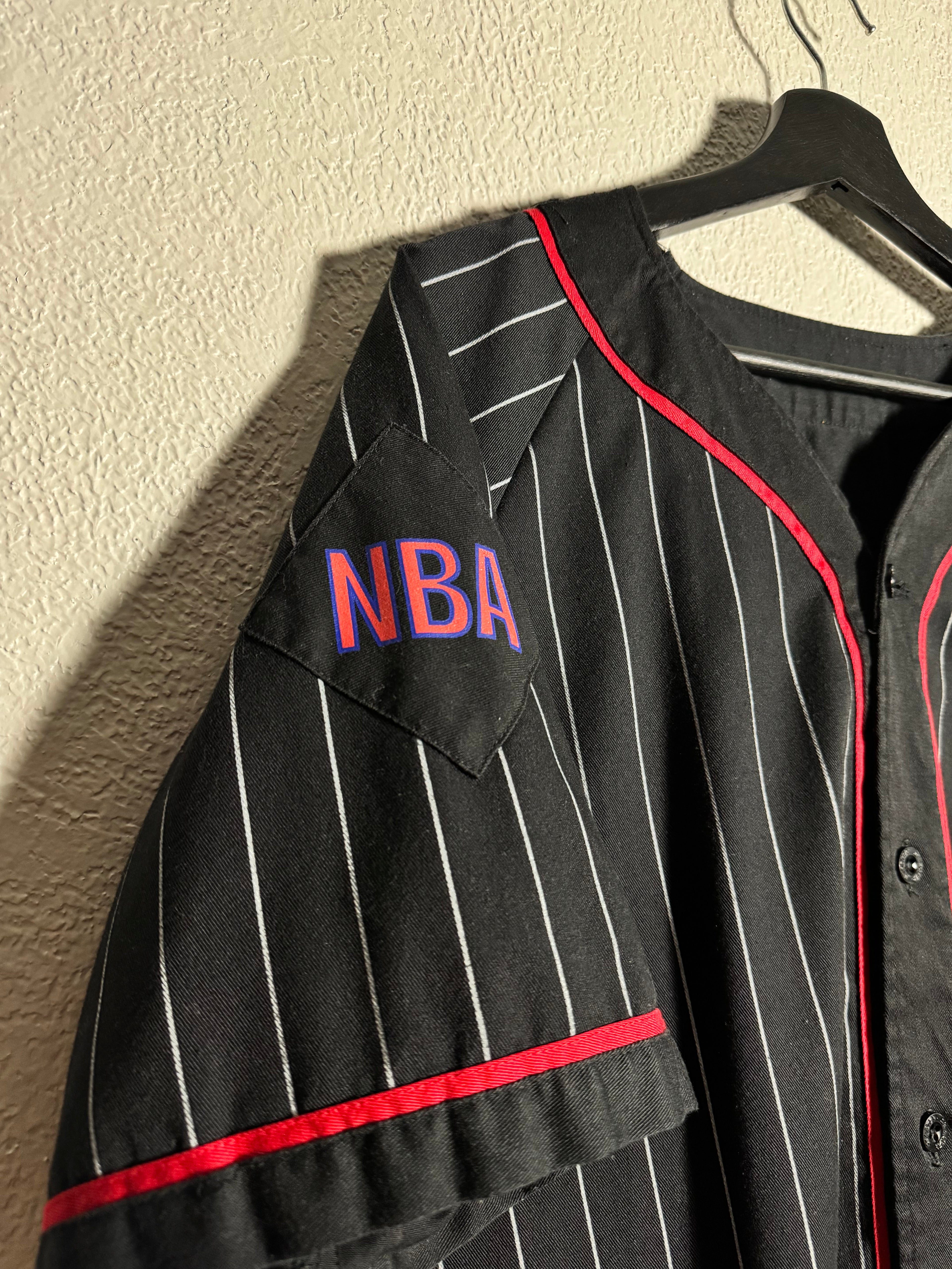 Vtg 90s NBA Starter Chicago Bulls Pin Stripe Button Up Jersey