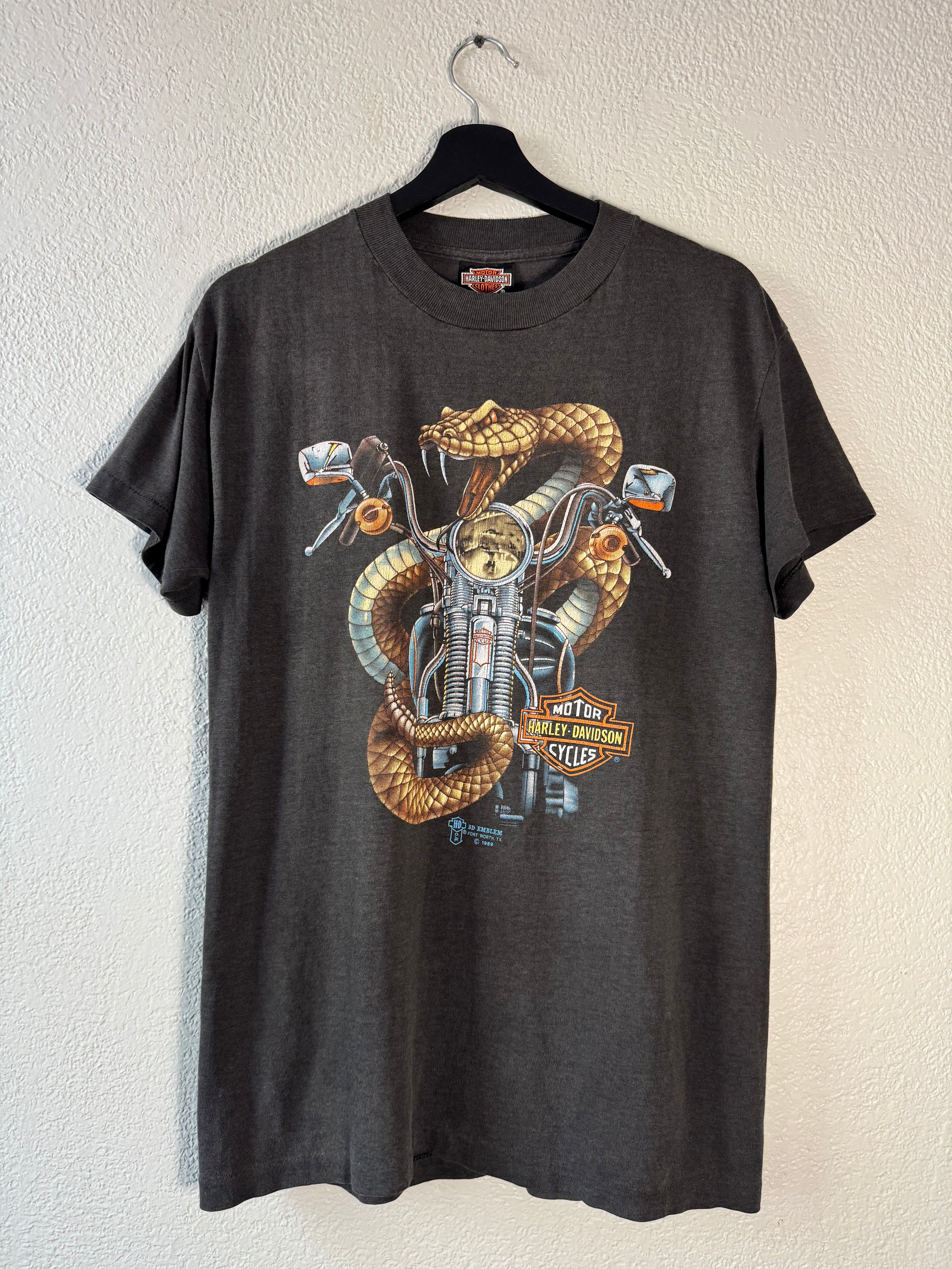 80s Harley Davidson 3D Emblem 1989 Rattlesnake Motorcycle Biker T-Shirt Size Medium