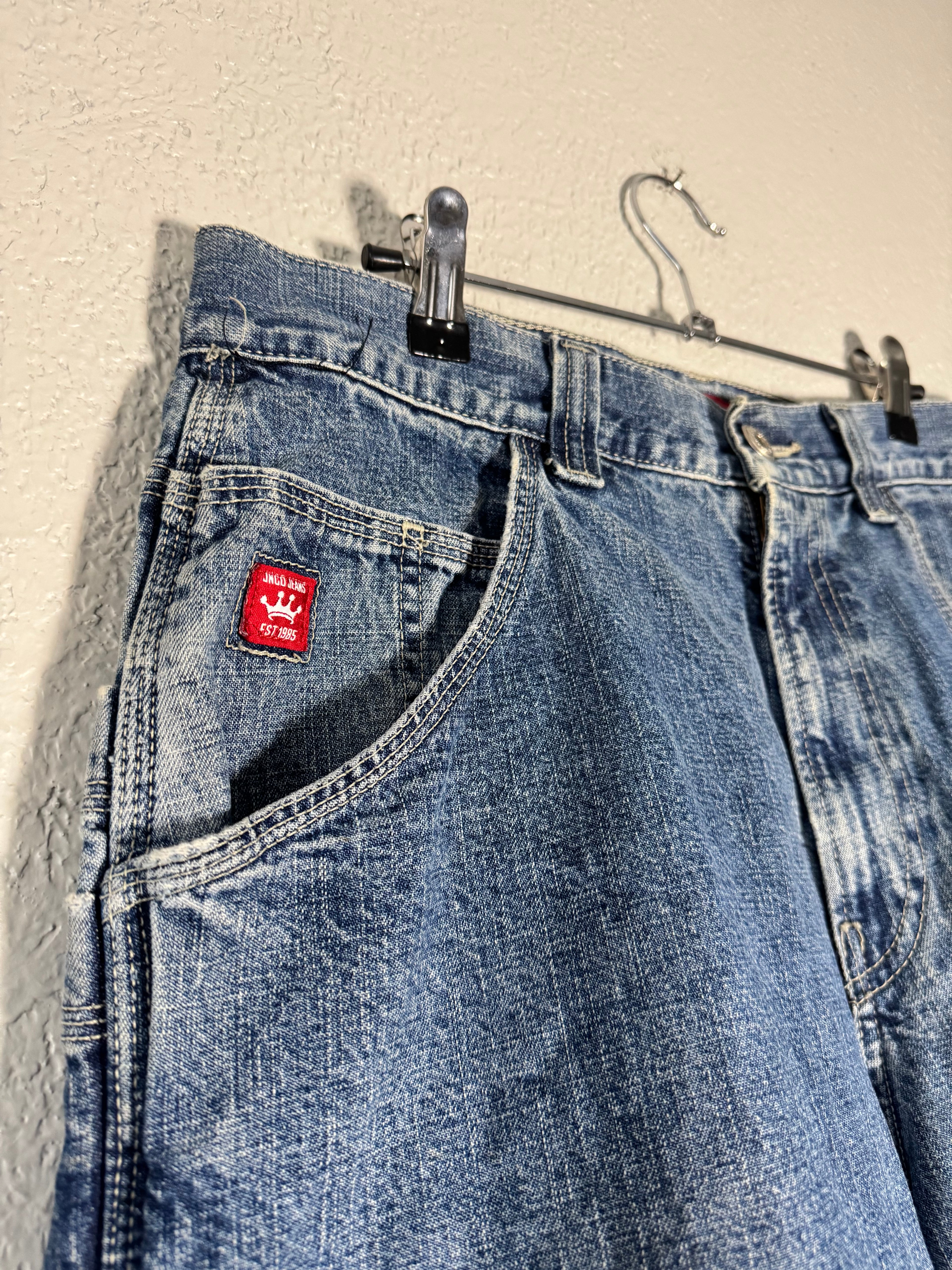 Vintage JNCO Jeans Shorts Blue Denim Y2K 90s Wide Baggy Double Pocket Size 32