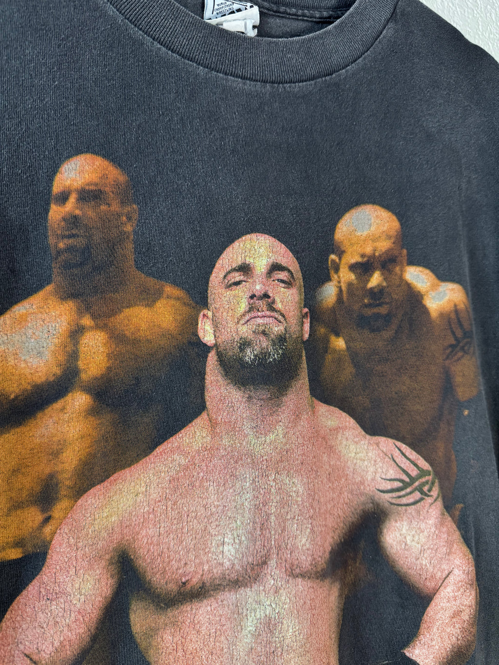 Goldberg 1999 WCW Black Distressed Vintage 90s Wrestling Double Sided Size Large