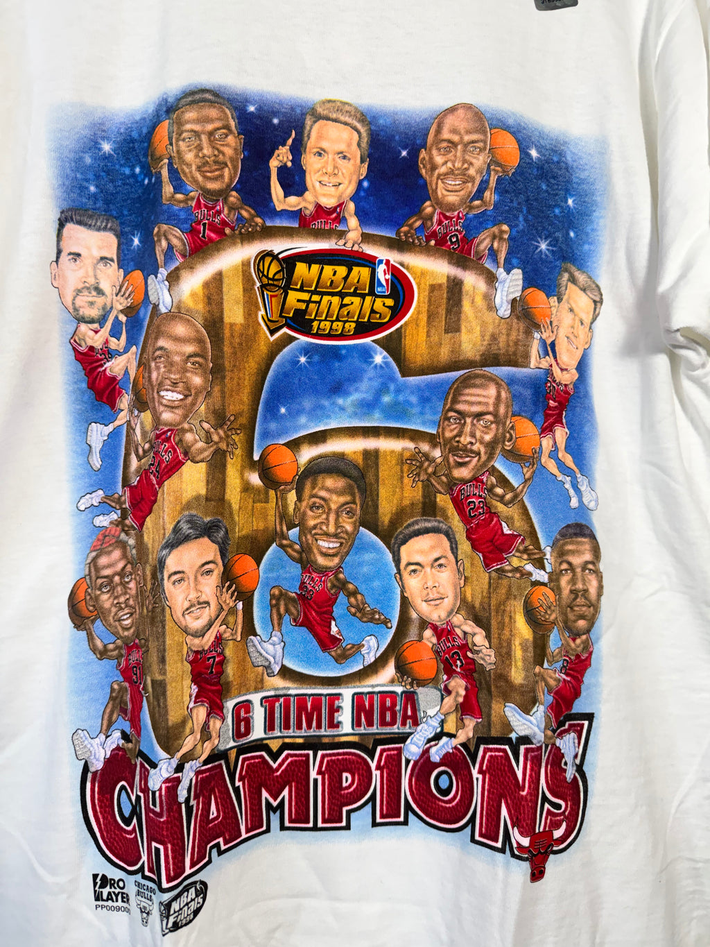 (NEW) Pro Player 1998 Chicago Bulls 6 Time Champions Caricature Shirt Size Medium
