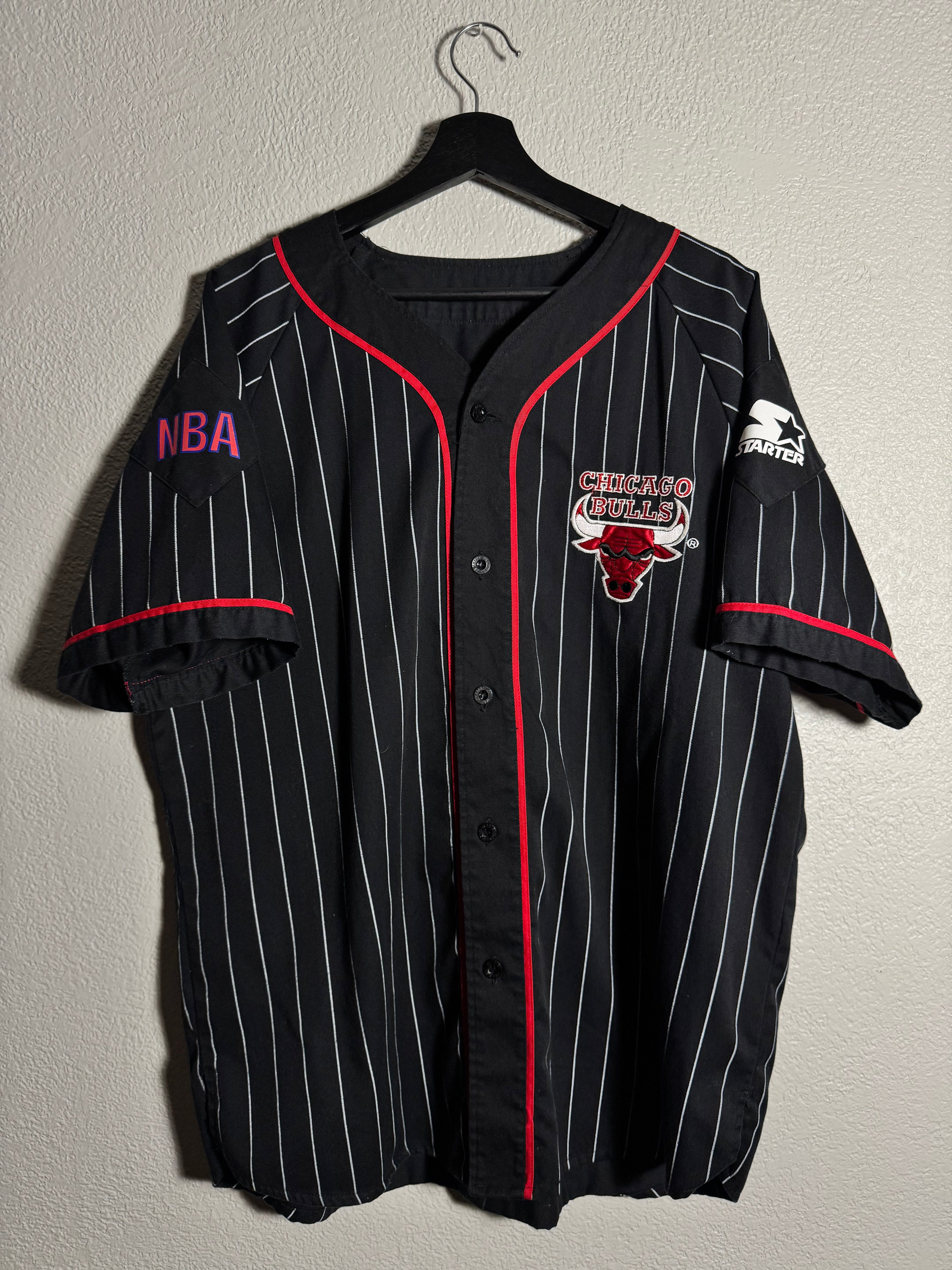 Vtg 90s NBA Starter Chicago Bulls Pin Stripe Button Up Jersey