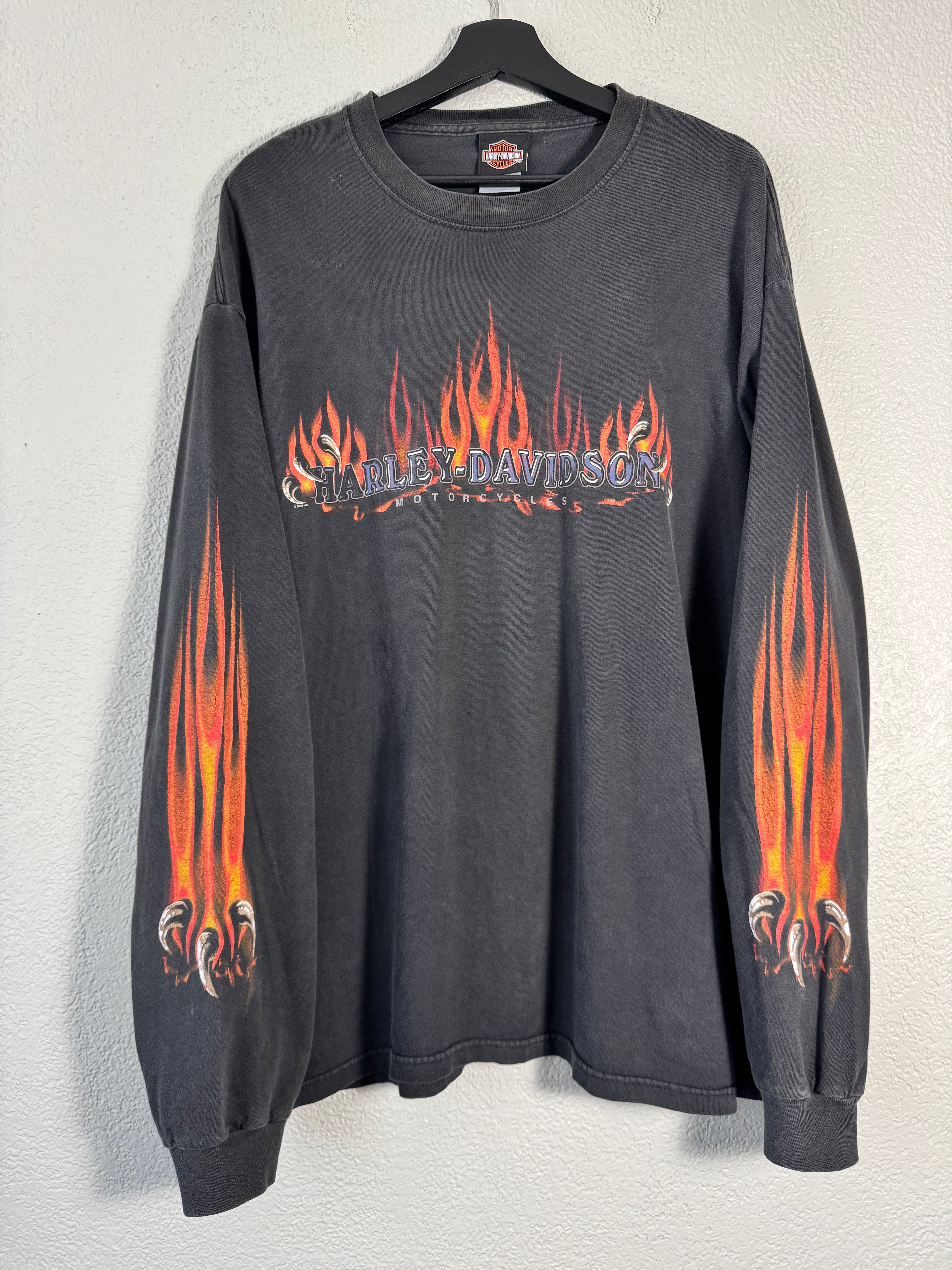 VTG Y2K Harley Davidson Eagle Flames Claws Black Faded Long Sleeve T Shirt XL