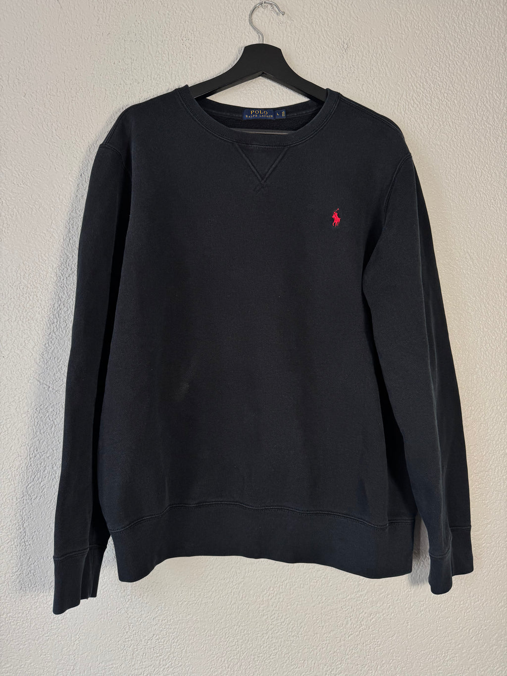 RALPH LAUREN Sweatshirt Pullover Crew Neck Black Red Logo Size Large