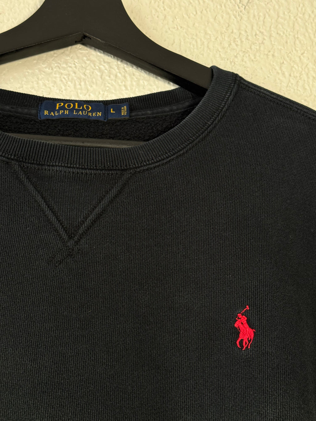 RALPH LAUREN Sweatshirt Pullover Crew Neck Black Red Logo Size Large