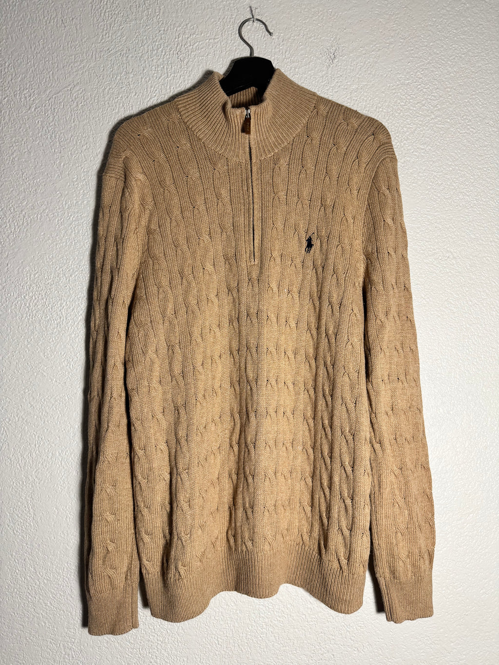Polo Ralph Lauren Sweater Beige Cotton 1/4 Zip Cable Knit Pullover Size Large
