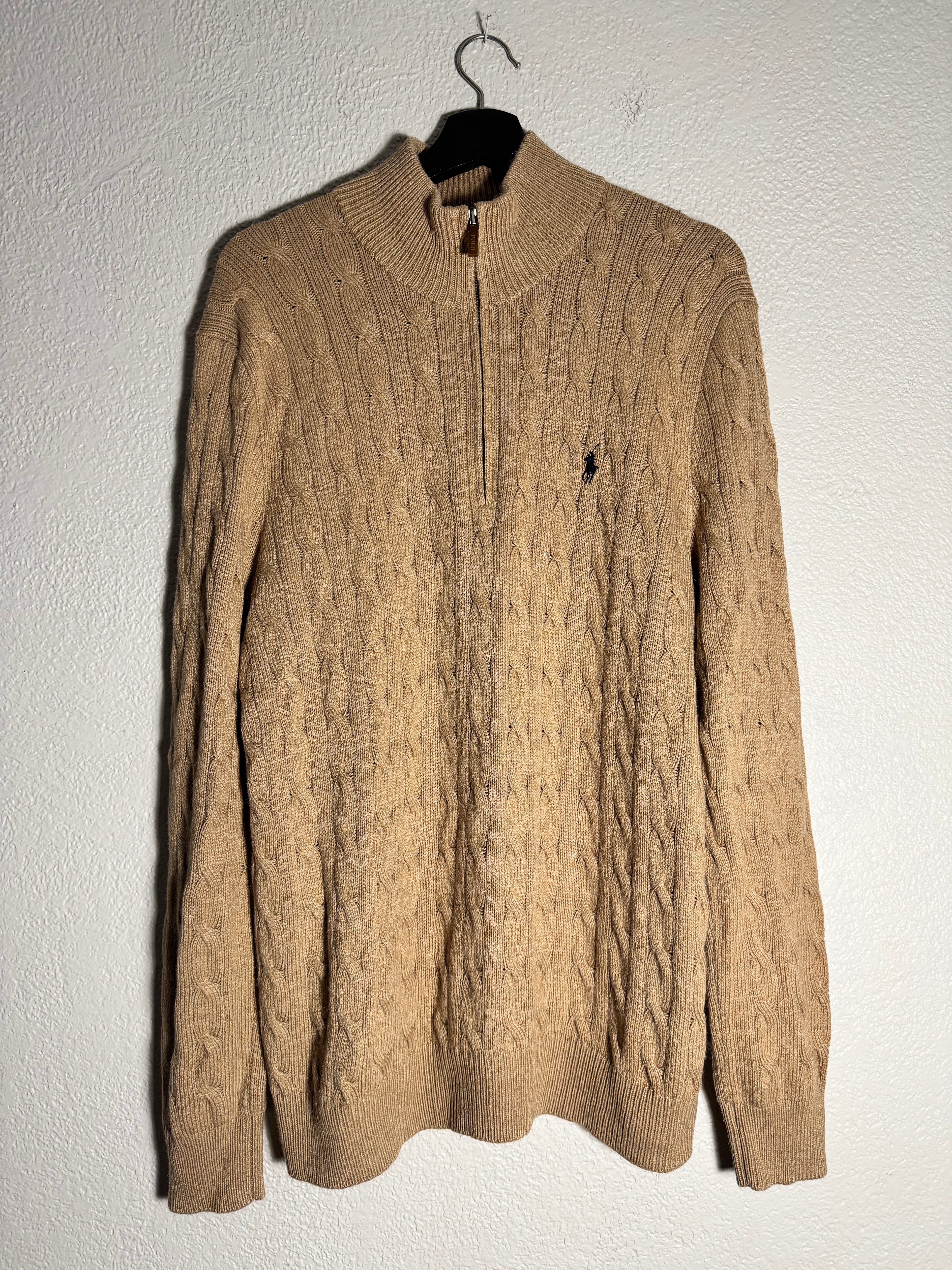 Polo Ralph Lauren Sweater Beige Cotton 1/4 Zip Cable Knit Pullover Size Large