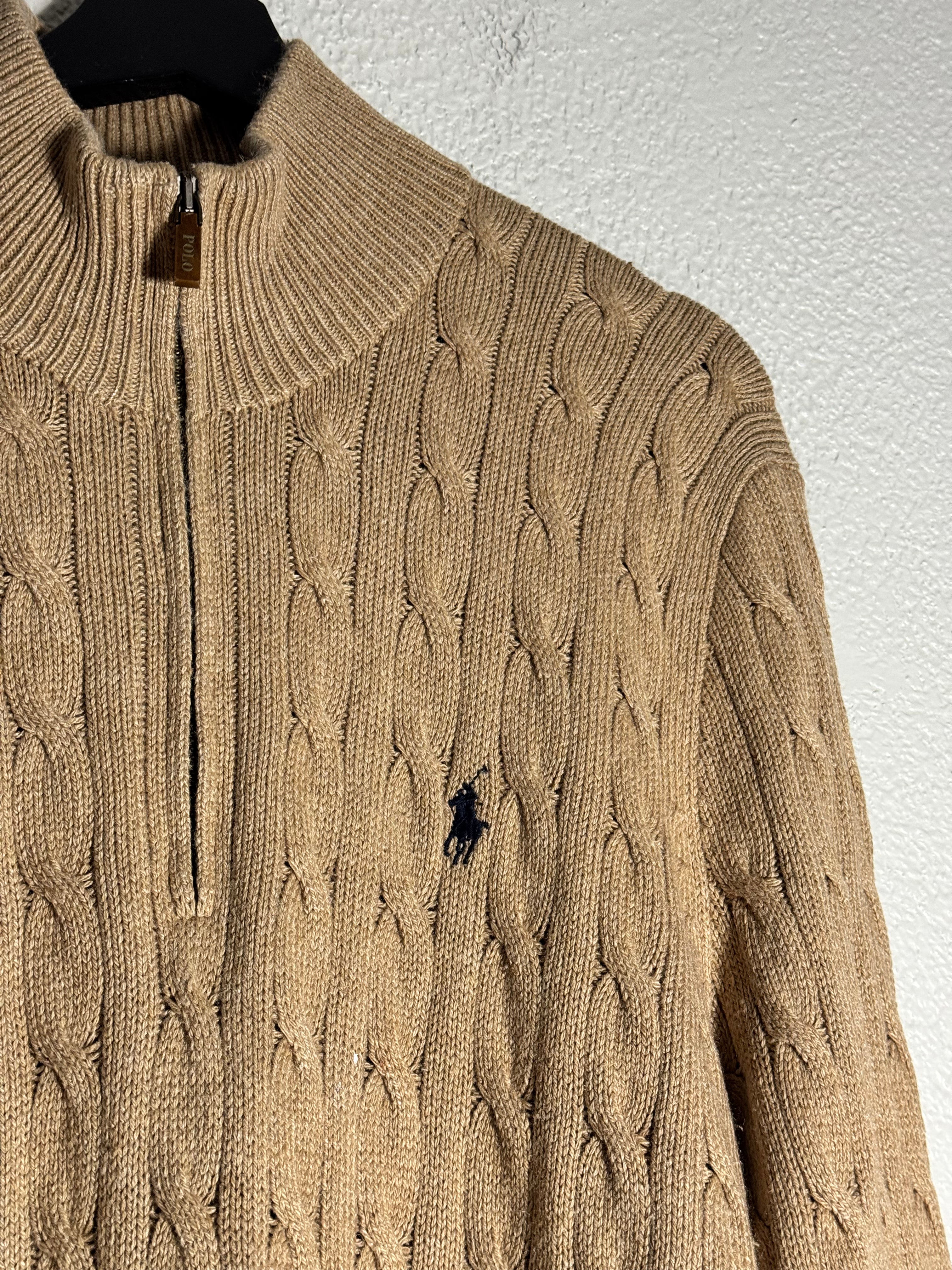 Polo Ralph Lauren Sweater Beige Cotton 1/4 Zip Cable Knit Pullover Size Large